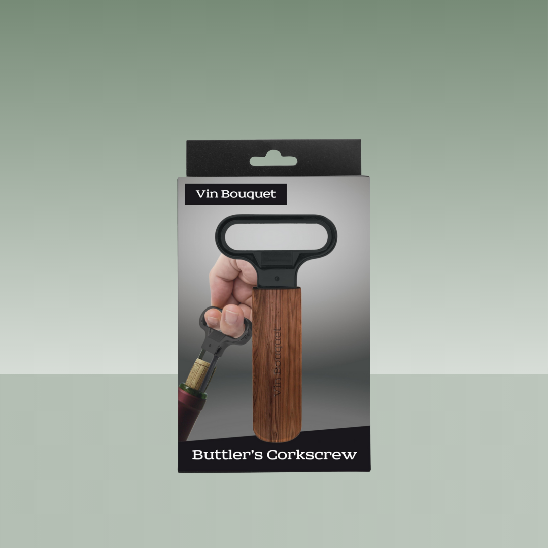 Sacacorchos Buttler’s Corkscrew Vin Bouquet, con mango de madera y cabezal negro, presentado en su embalaje original con imagen de uso, sobre fondo neutro.