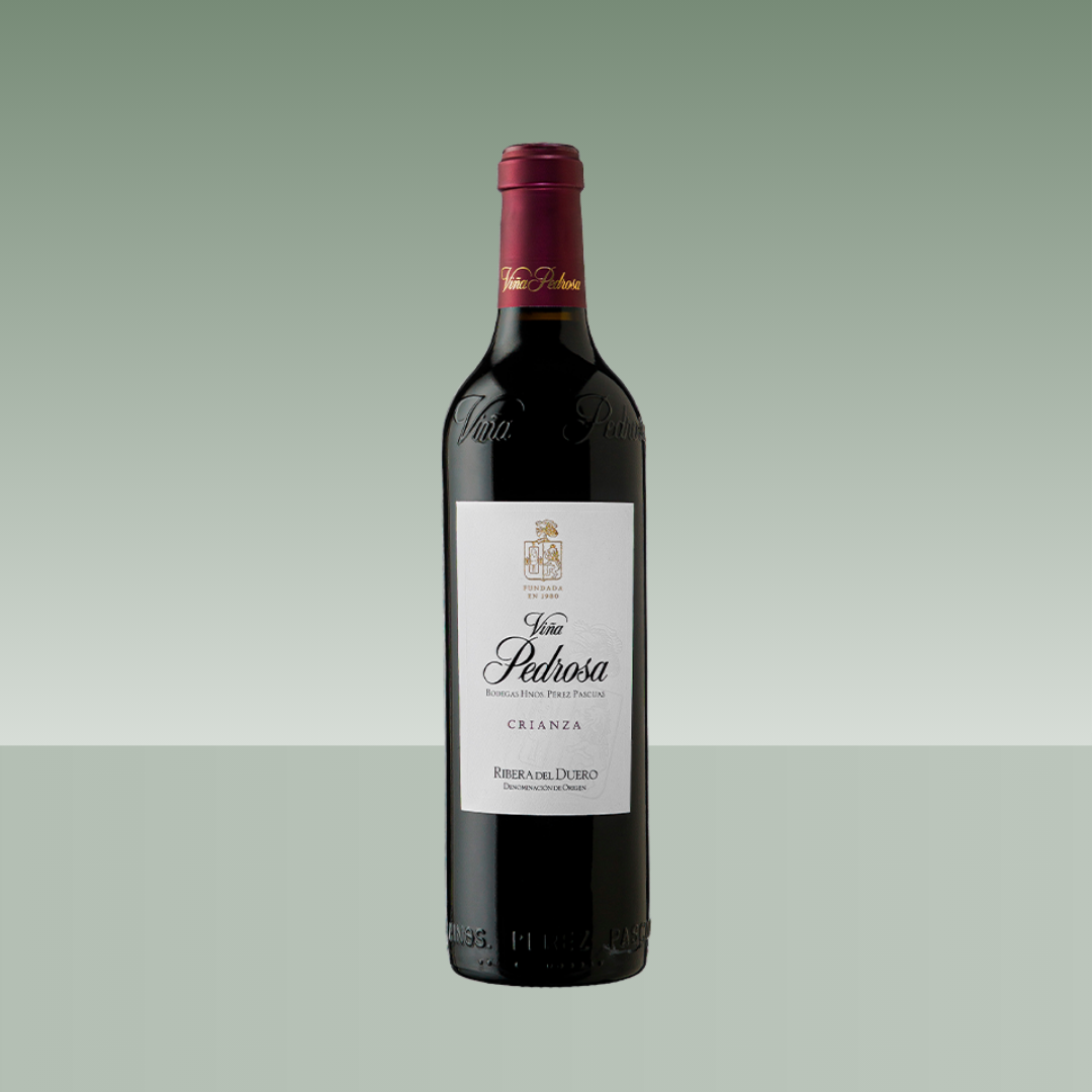 Botella de vino tinto Viña Pedrosa Crianza, con cápsula granate y etiqueta blanca clásica de Ribera del Duero.