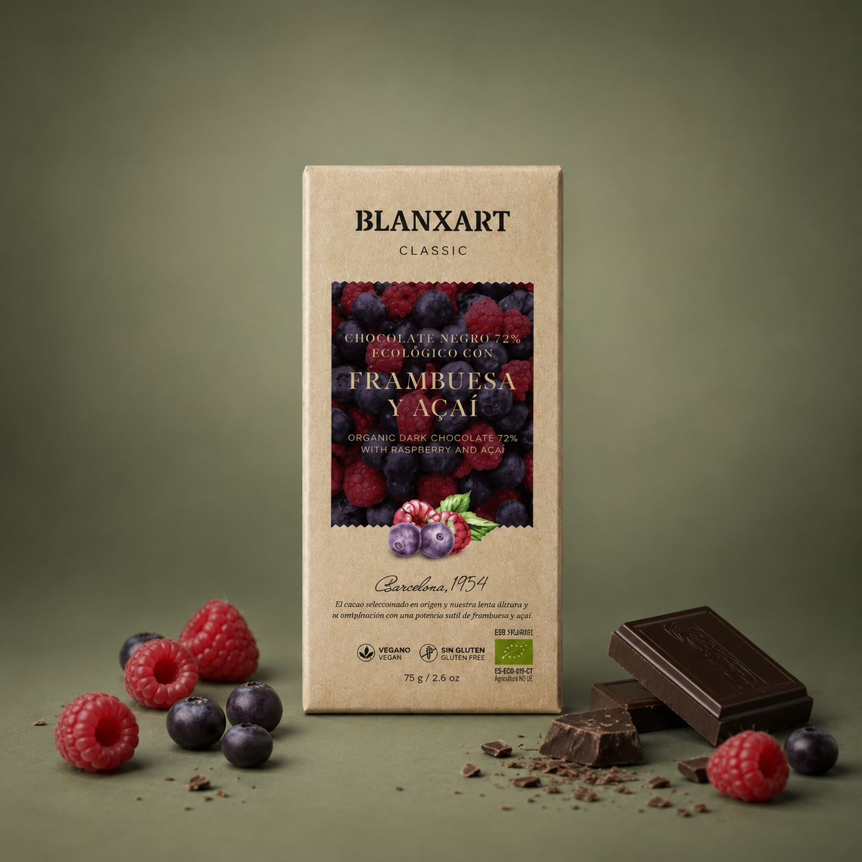 BLANXART | CHOCOLATE NEGRO 72% CON FRAMBUESA Y AÇAÍ 75gr