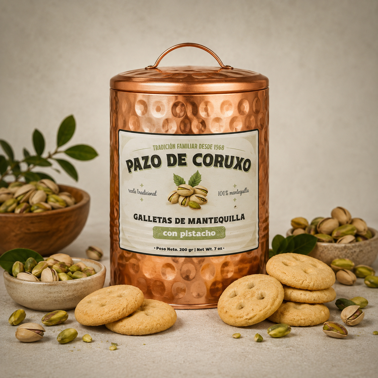 PAZO DE CORUXO | LATA COBRE GALLETAS MANTEQUILLA CON PISTACHO 200gr