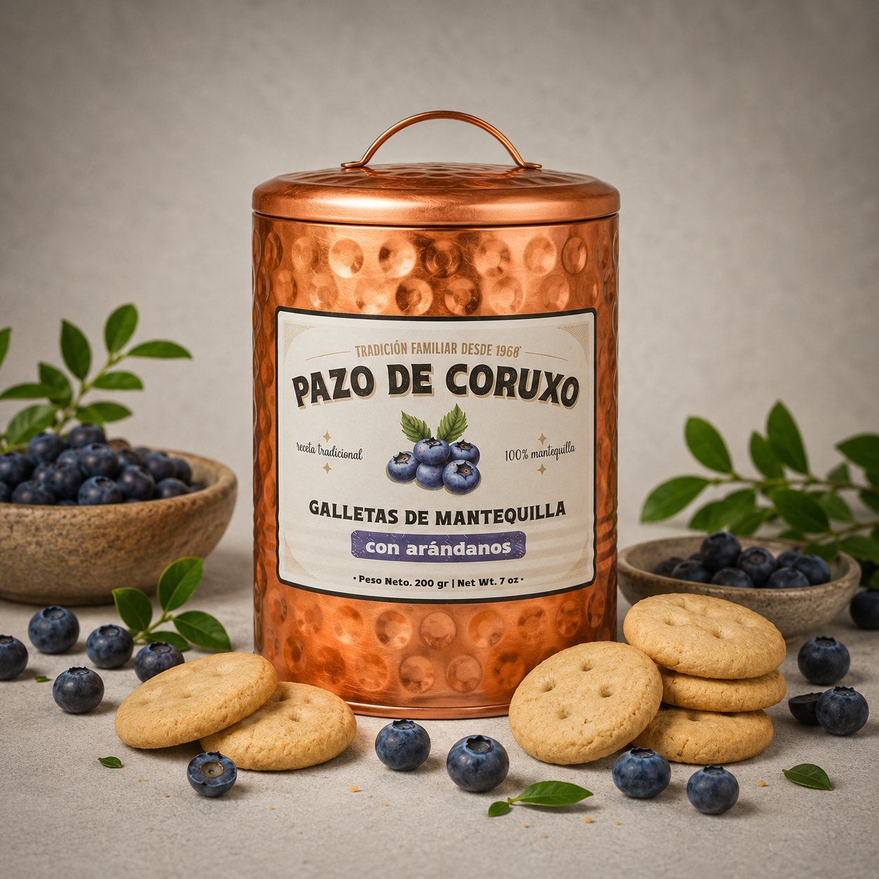 PAZO DE CORUXO | LATA COBRE GALLETAS MANTEQUILLA CON ARÁNDANOS 200gr