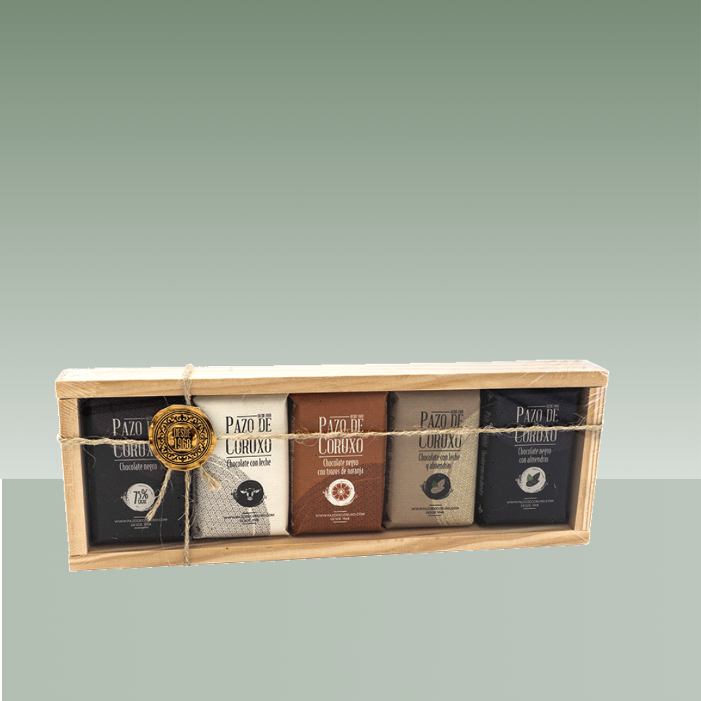 PAZO DE CORUXO | ESTUCHE MADERA CHOCOLATES SURTIDOS 5X50gr