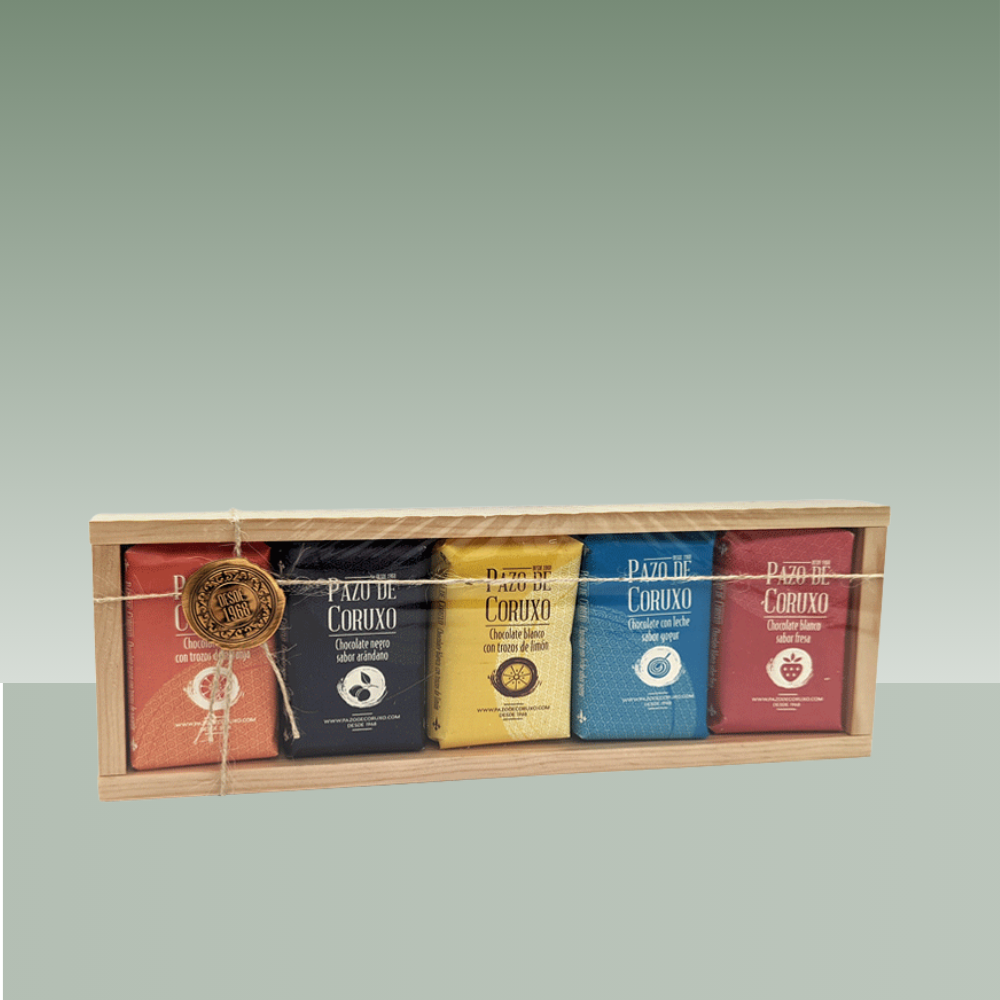 PAZO DE CORUXO | ESTUCHE MADERA CHOCOLATE FRUTAS 5X50gr
