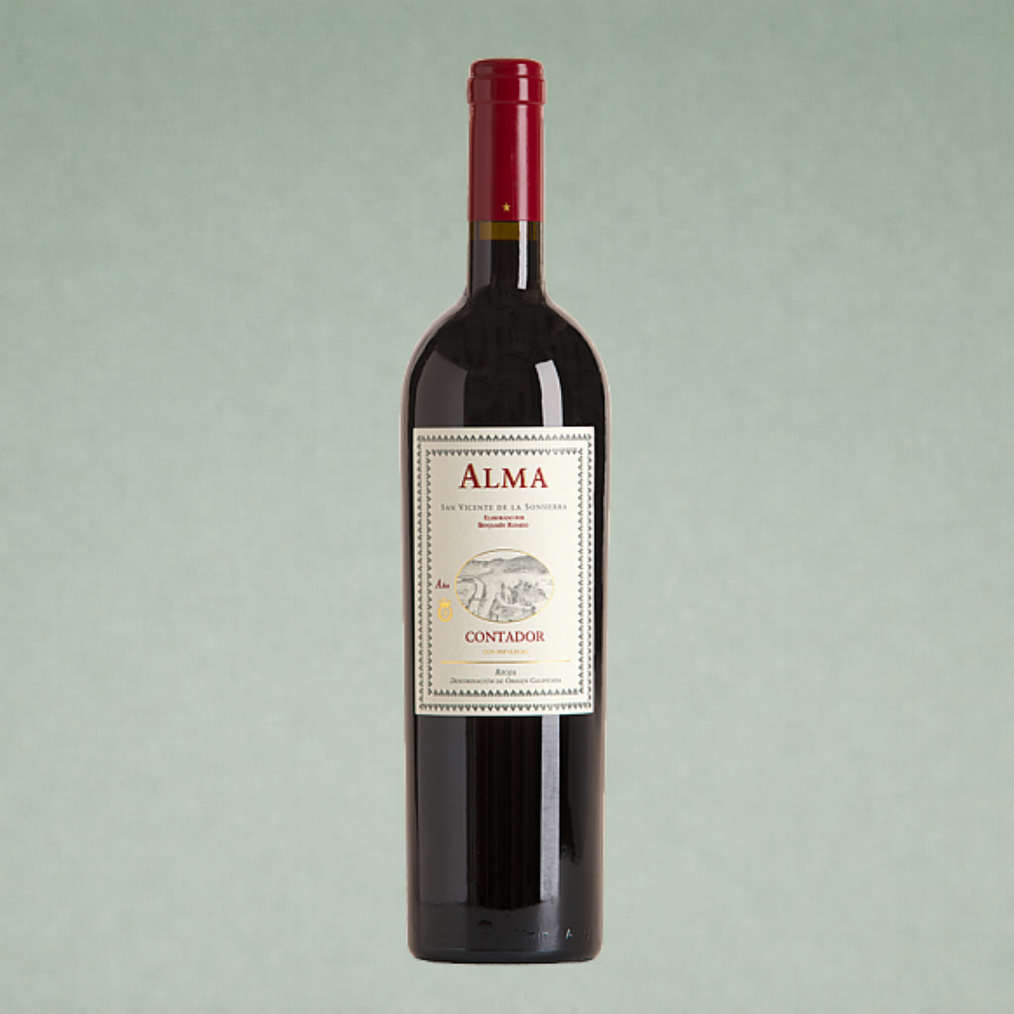 Vino tinto Alma Contador Rioja botella sobre fondo verde