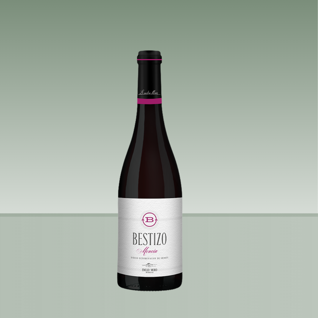 Botella de vino tinto Bestizo Mencía de Emilio Moro, con cápsula negra y detalles fucsia, y etiqueta blanca con tipografía elegante.