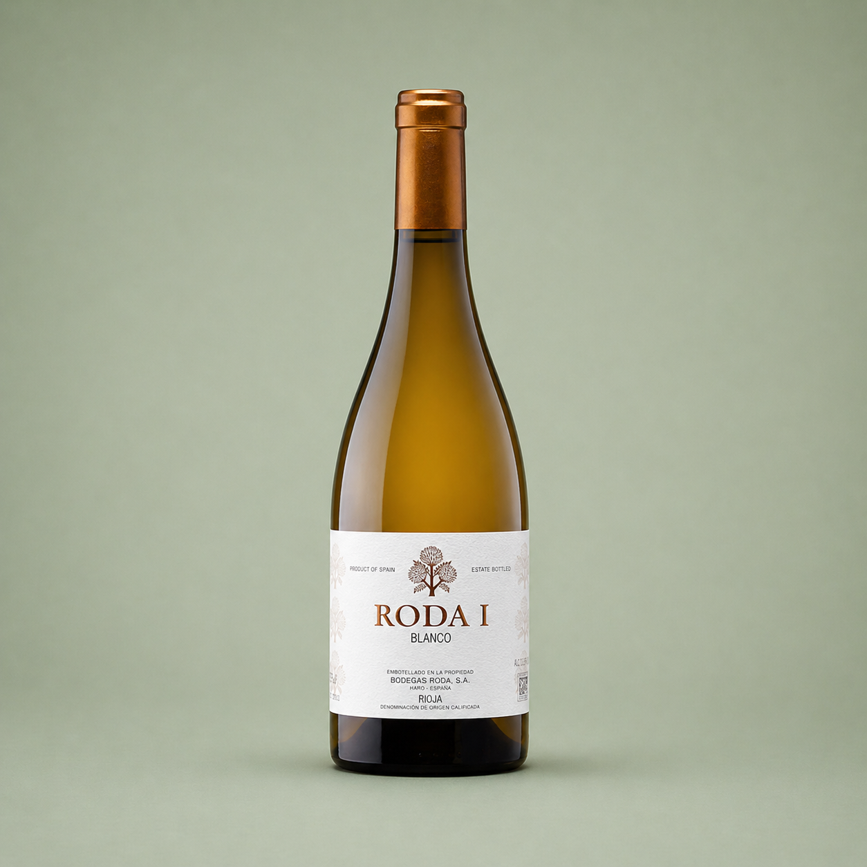 Botella de vino blanco Bodegas Roda I Blanco Rioja con etiqueta blanca y cápsula dorada.