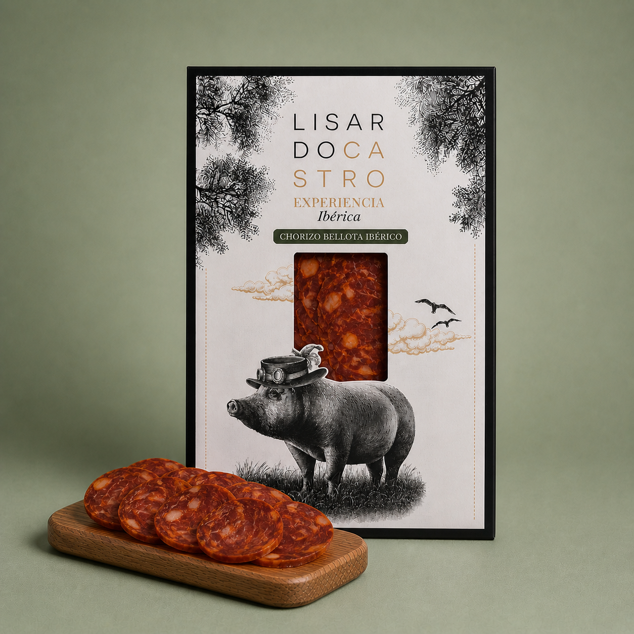 Estuche de chorizo ibérico de bellota Lisardo Castro con lonchas presentadas sobre tabla de madera.