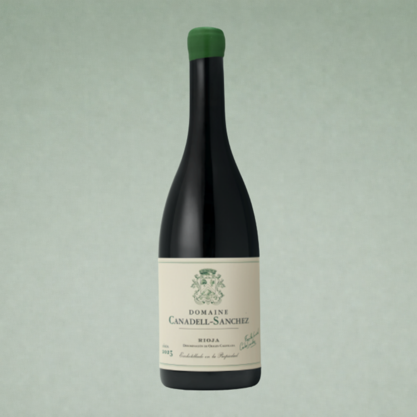 Vino blanco Domaine Canadell Sanchez Rioja botella sobre fondo verde