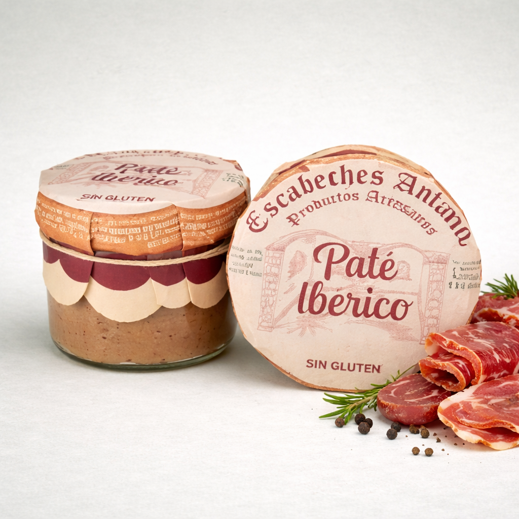 Escabeches Antaño paté ibérico sin gluten en tarro artesanal con lonchas de jamón