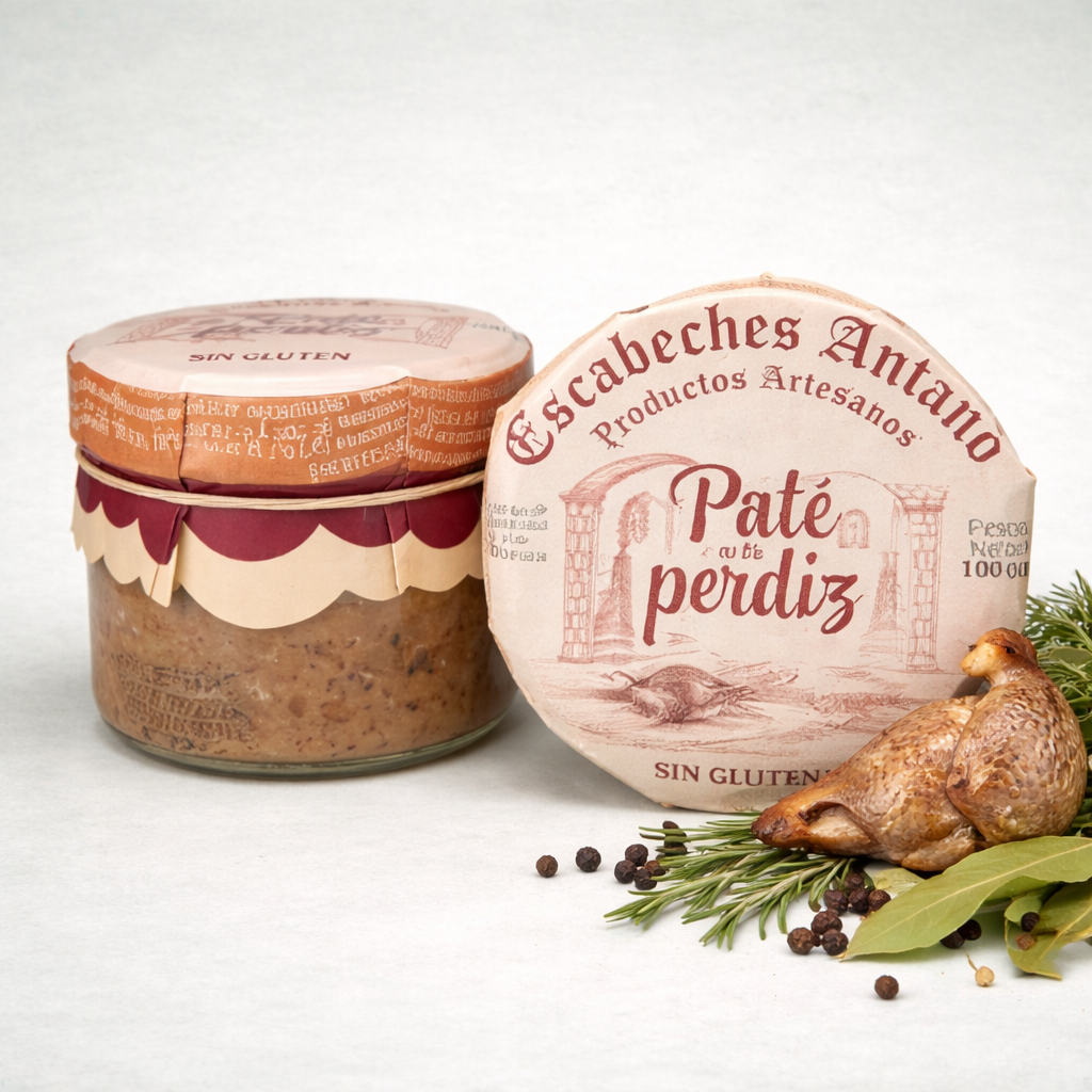 Escabeches Antaño paté de perdiz sin gluten en tarro artesanal con pieza de perdiz