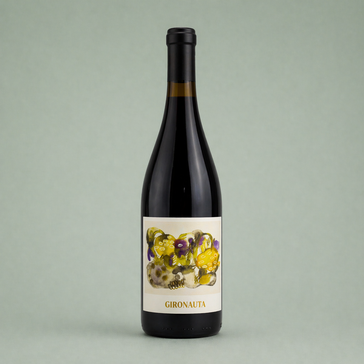 Botella de Gironauta, vino tinto artesanal de jalón con etiqueta ilustrada de estilo artístico en tonos amarillos y morados.