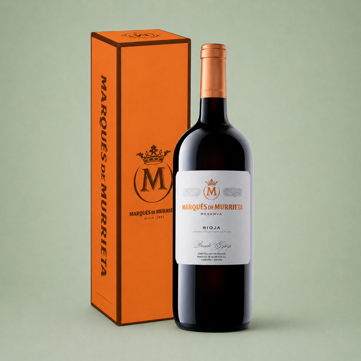 Botella magnum de vino tinto Marqués de Murrieta Reserva con estuche naranja original.