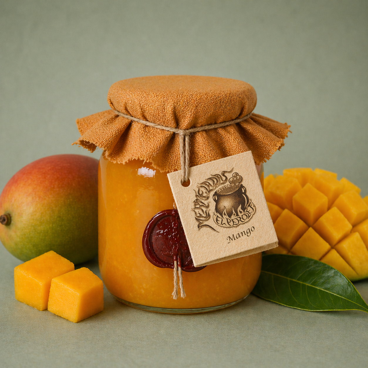 Tarro de mermelada artesanal de mango con tela y cuerda, acompañado de mango fresco y trozos de fruta.