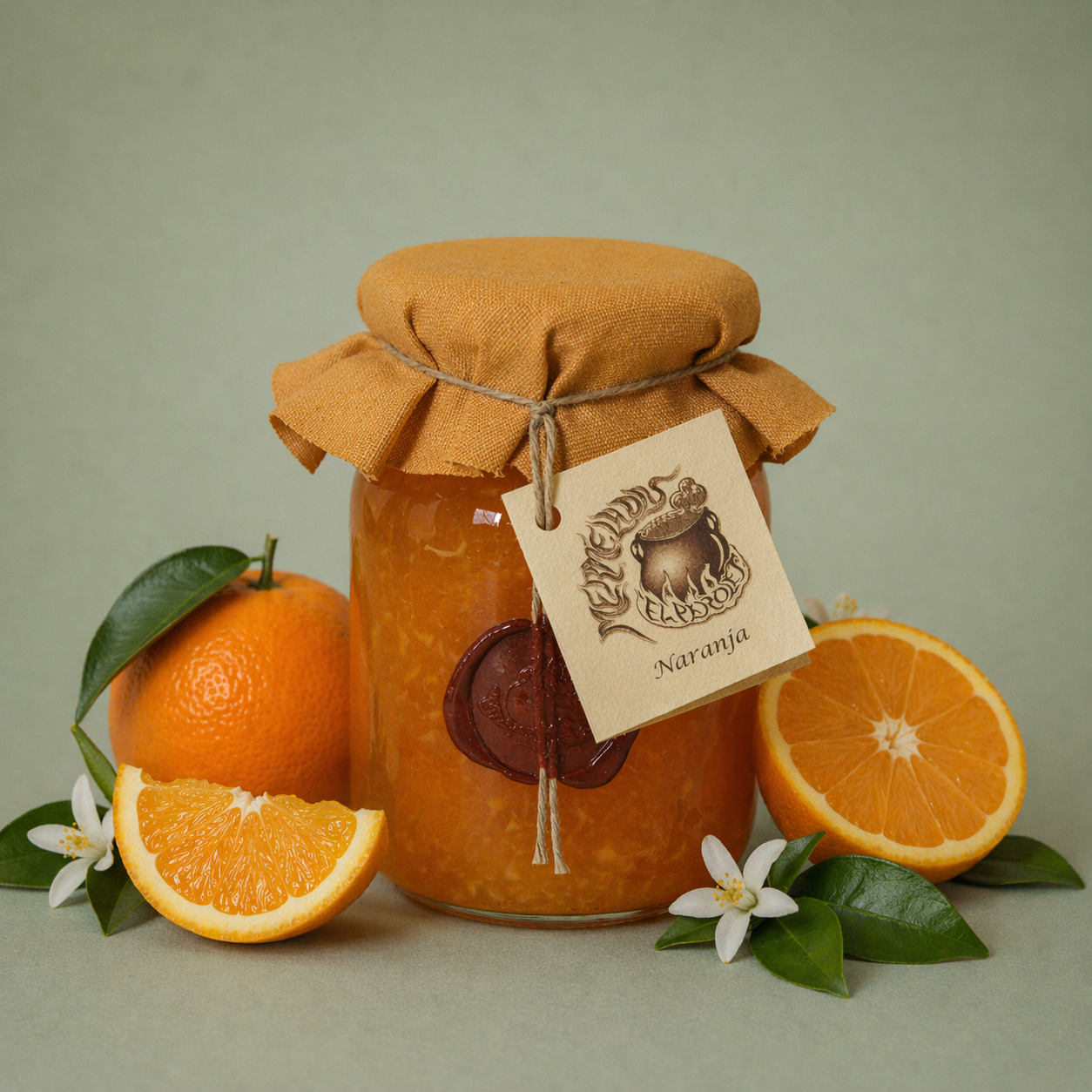 Tarro de mermelada artesanal de naranja con tela y cuerda, acompañado de naranjas frescas y flores.