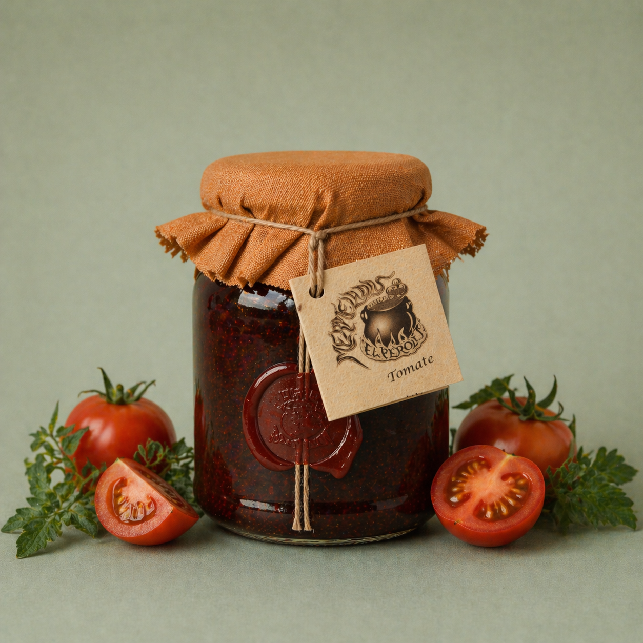 Tarro de mermelada artesanal de tomate con tela y cuerda, rodeado de tomates frescos.