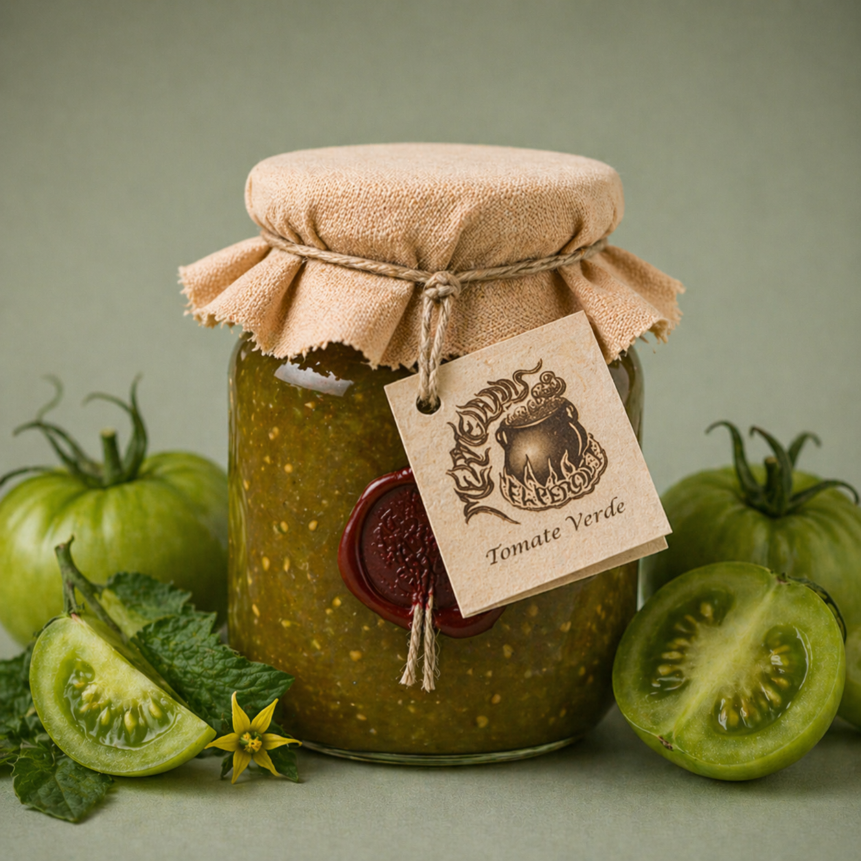 Tarro de mermelada artesanal de tomate verde con tela y cuerda, acompañado de tomates verdes frescos.
