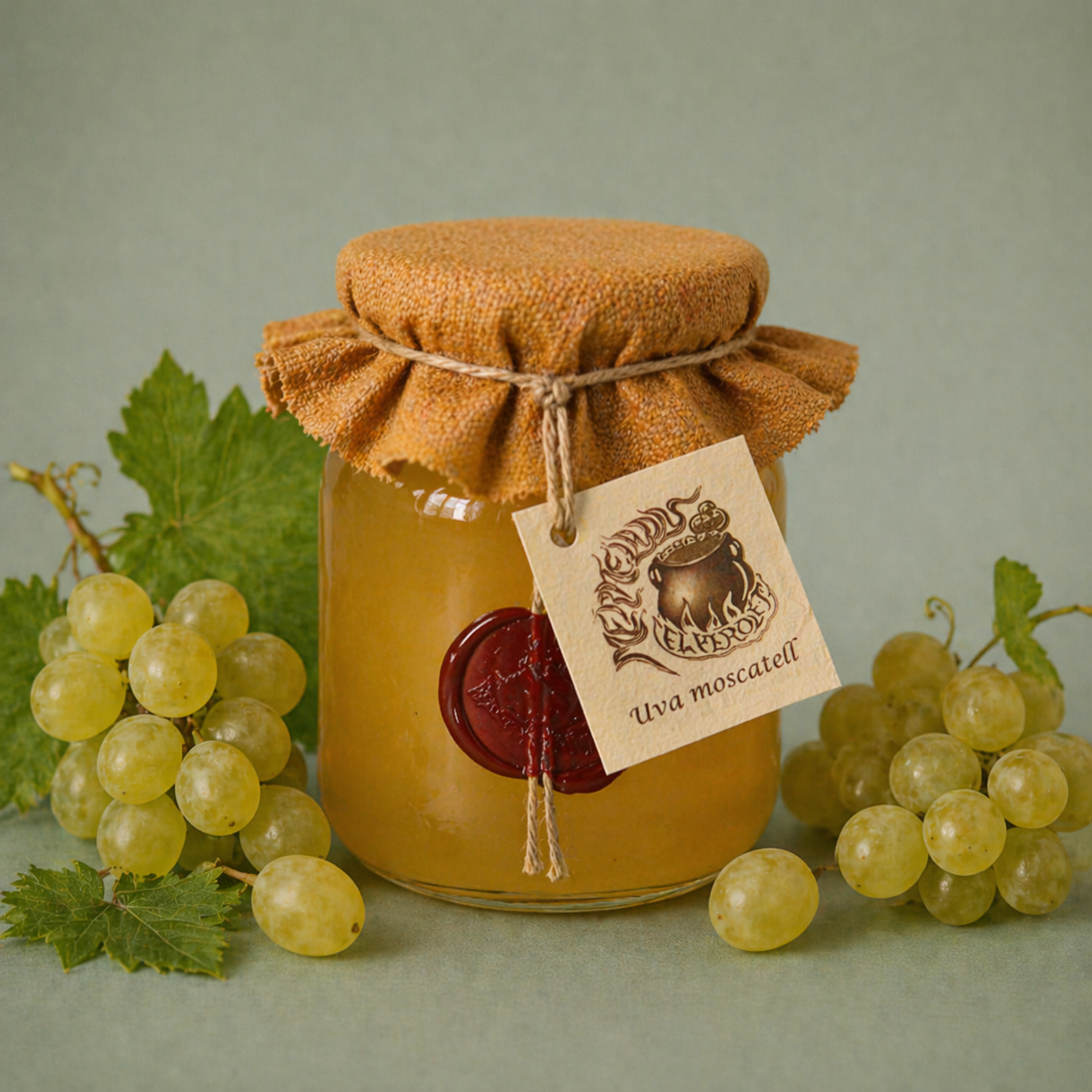 Tarro de mermelada artesanal de uva moscatel con tela y cuerda, rodeado de racimos de uvas frescas.