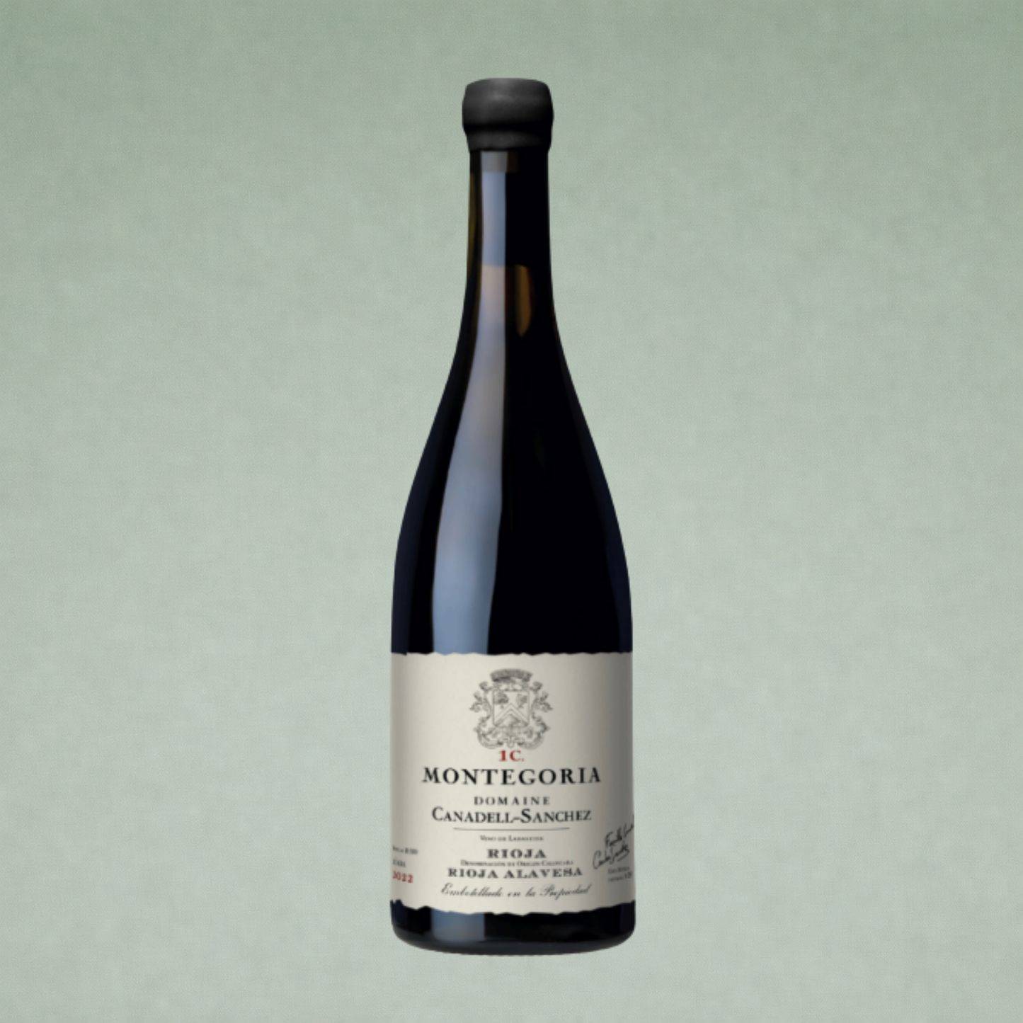 Vino tinto Montegoria Domaine Canadell Sanchez Rioja botella sobre fondo verde