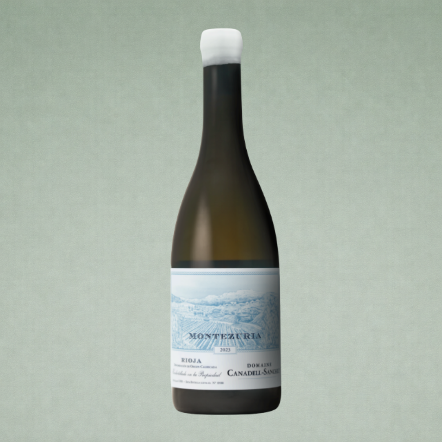 Vino blanco Montezuría Rioja botella sobre fondo verde
