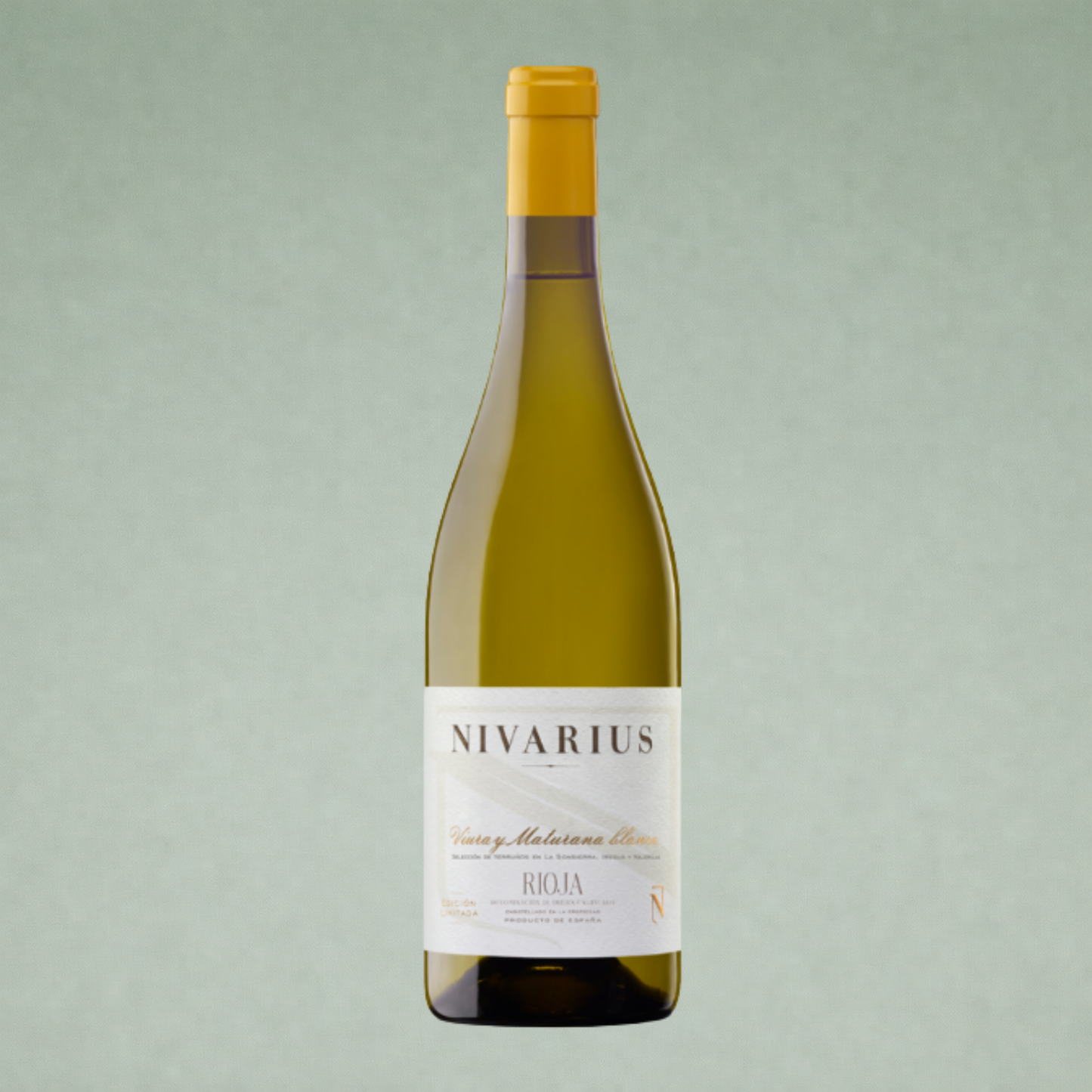 Vino blanco Nivarius Vintage Maturana Blanca Rioja botella sobre fondo verde