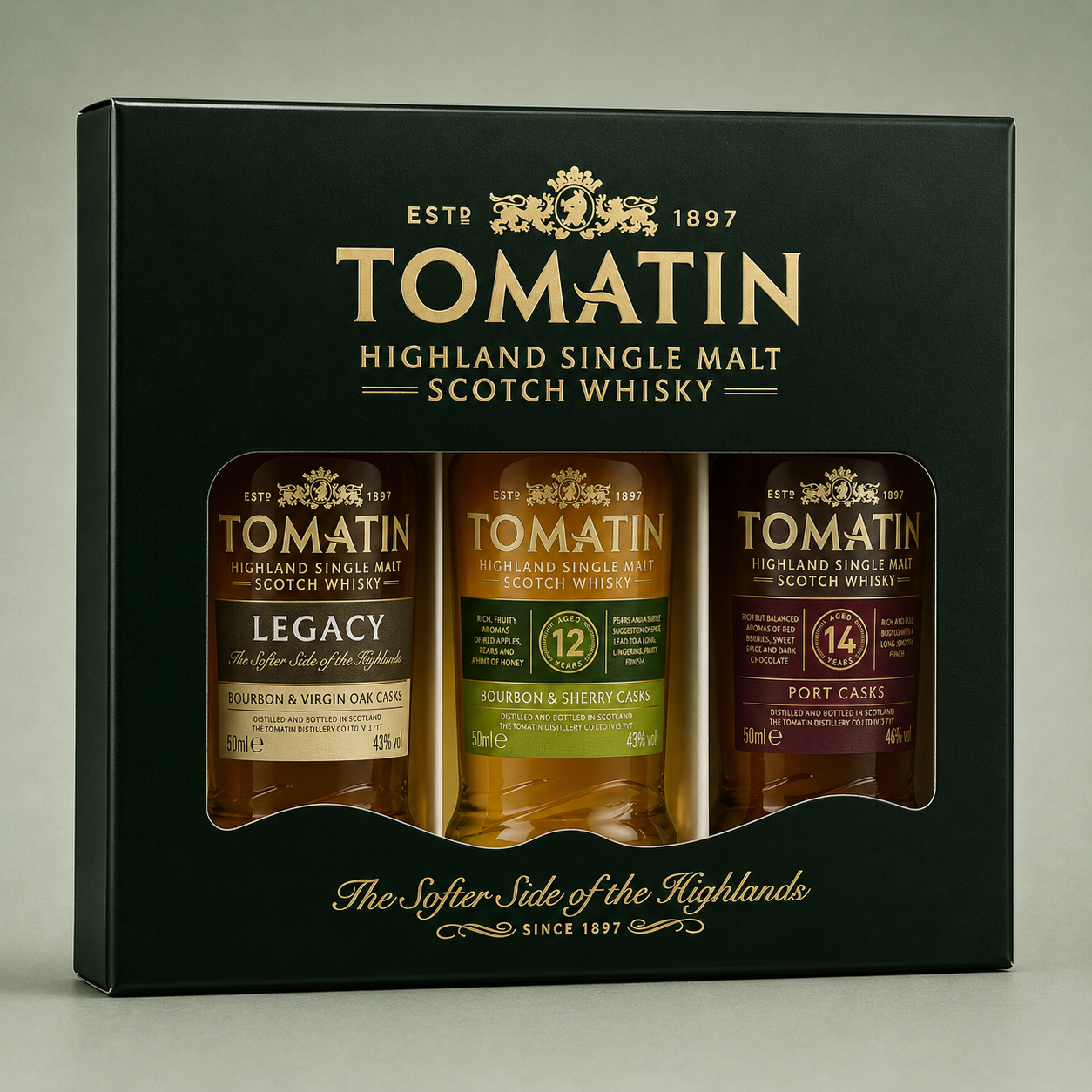 Pack de miniaturas Tomatin Highland Single Malt Scotch Whisky con variedades Legacy, 12 Years y 14 Years Port Casks.