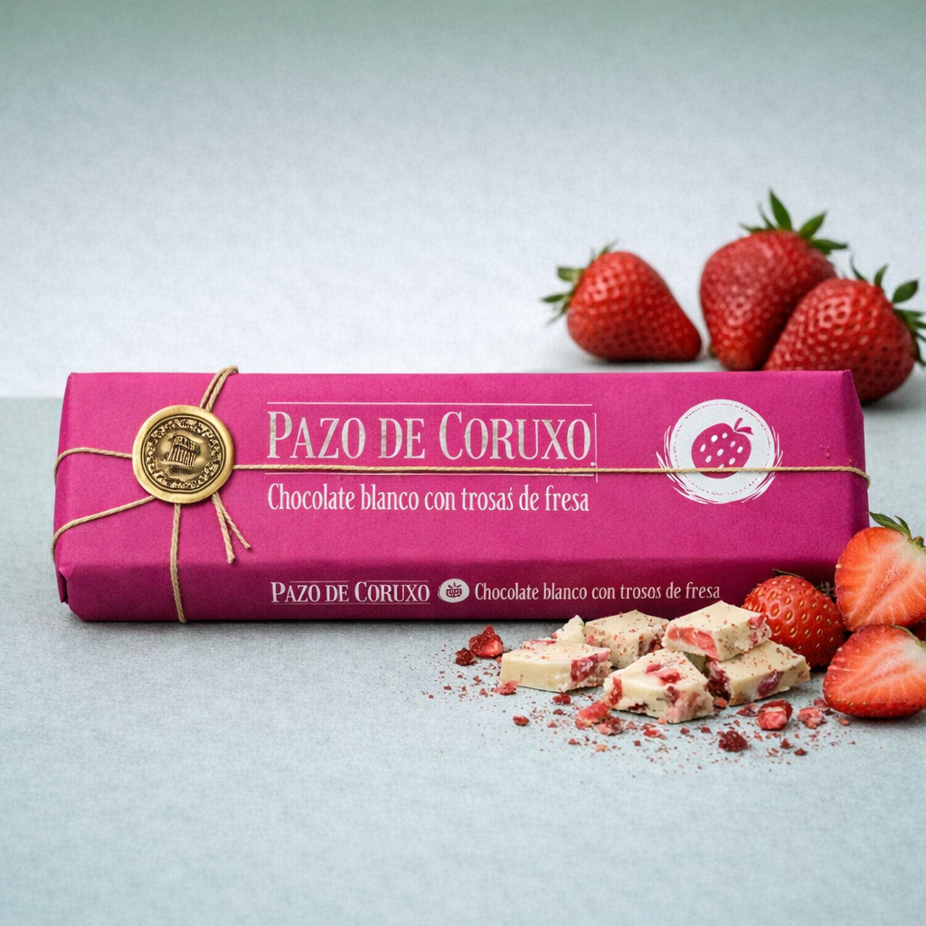 Tableta Pazo de Coruxo chocolate blanco con trozos de fresa y fresas frescas.