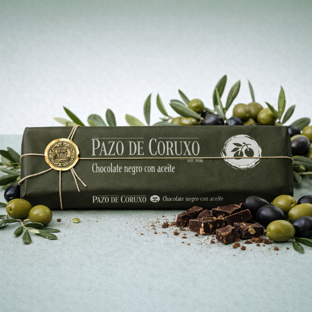 Tableta Pazo de Coruxo chocolate negro con aceite con aceitunas y trozos de chocolate.