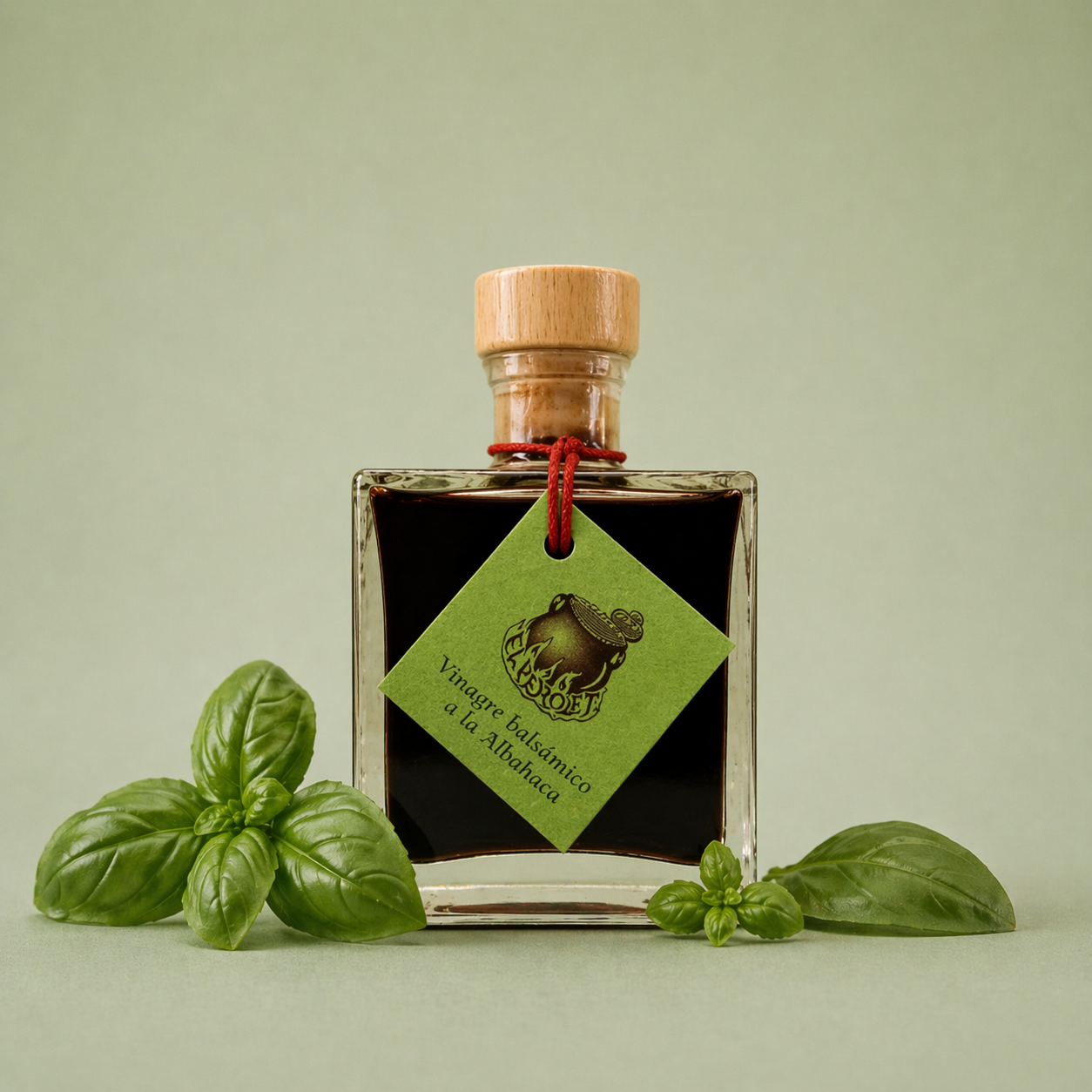 Botella de vinagre balsámico a la albahaca El Perolet 10cl con hojas frescas de albahaca sobre fondo neutro.