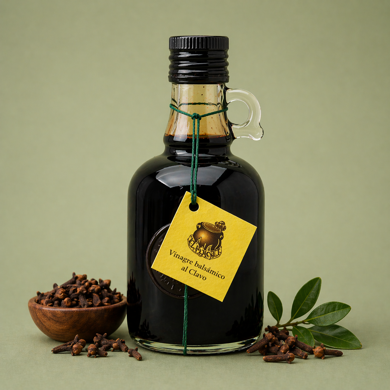 Botella de vinagre balsámico al clavo El Perolet 25cl con clavos de olor sobre fondo neutro.