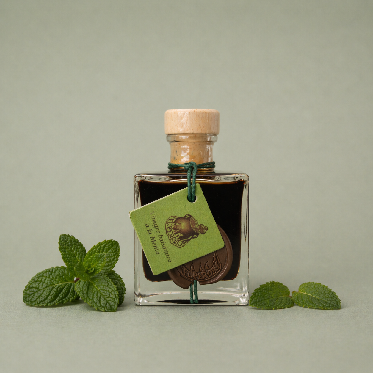 Botella de vinagre balsámico a la menta El Perolet 10cl con hojas de menta fresca alrededor.