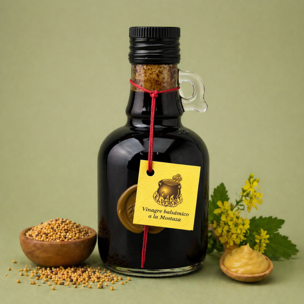Botella de vinagre balsámico a la mostaza El Perolet 25cl con semillas y salsa de mostaza sobre fondo neutro.