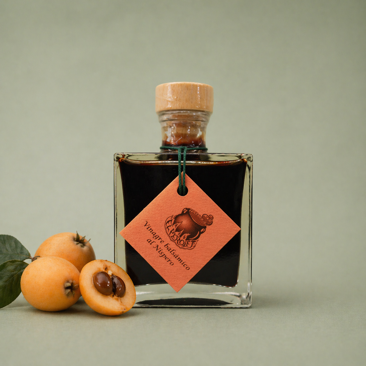 Botella de vinagre balsámico al níspero El Perolet 10cl con nísperos frescos y hojas sobre fondo neutro.