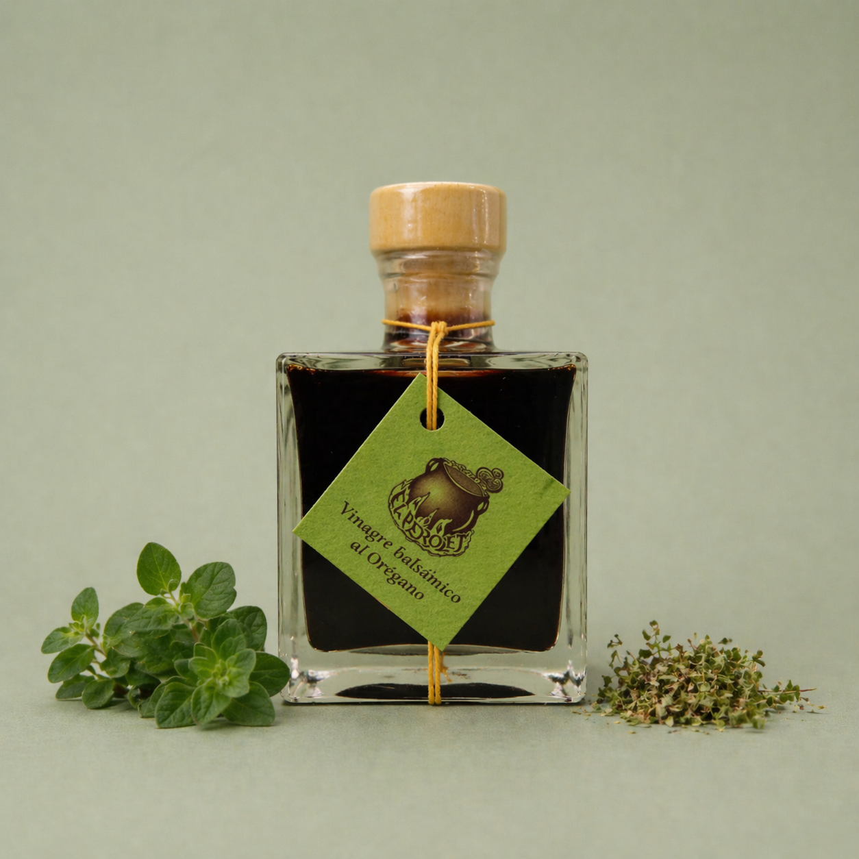 Botella de vinagre balsámico al orégano El Perolet 10cl con hojas frescas y orégano seco alrededor.