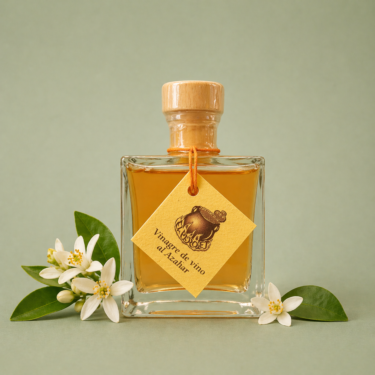 Botella de vinagre de vino al azahar El Perolet 10cl con flores de azahar y hojas verdes sobre fondo neutro.
