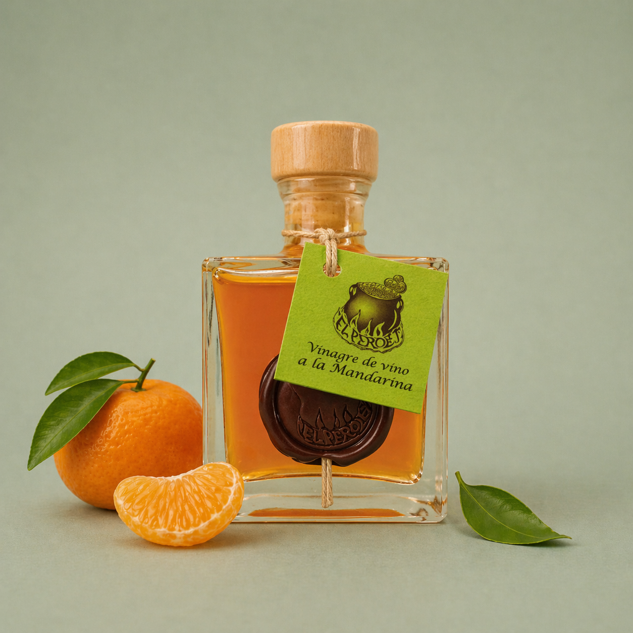 Botella de vinagre de vino a la mandarina El Perolet 10cl con gajos de mandarina y hojas sobre fondo neutro.