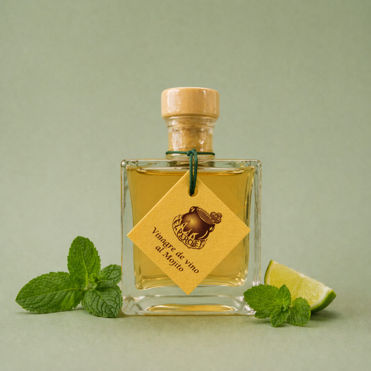 Botella de vinagre de vino sabor mojito El Perolet 10cl con hojas de menta y lima sobre fondo neutro.