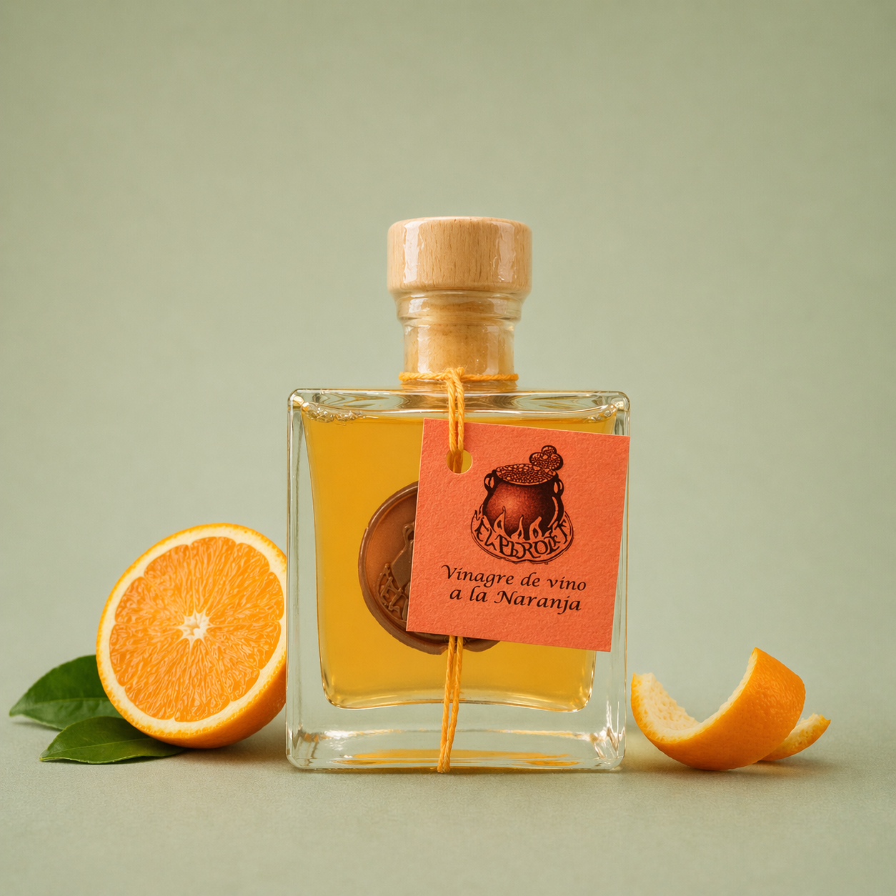 Botella de vinagre de vino a la naranja El Perolet 10cl con naranja fresca cortada sobre fondo neutro.
