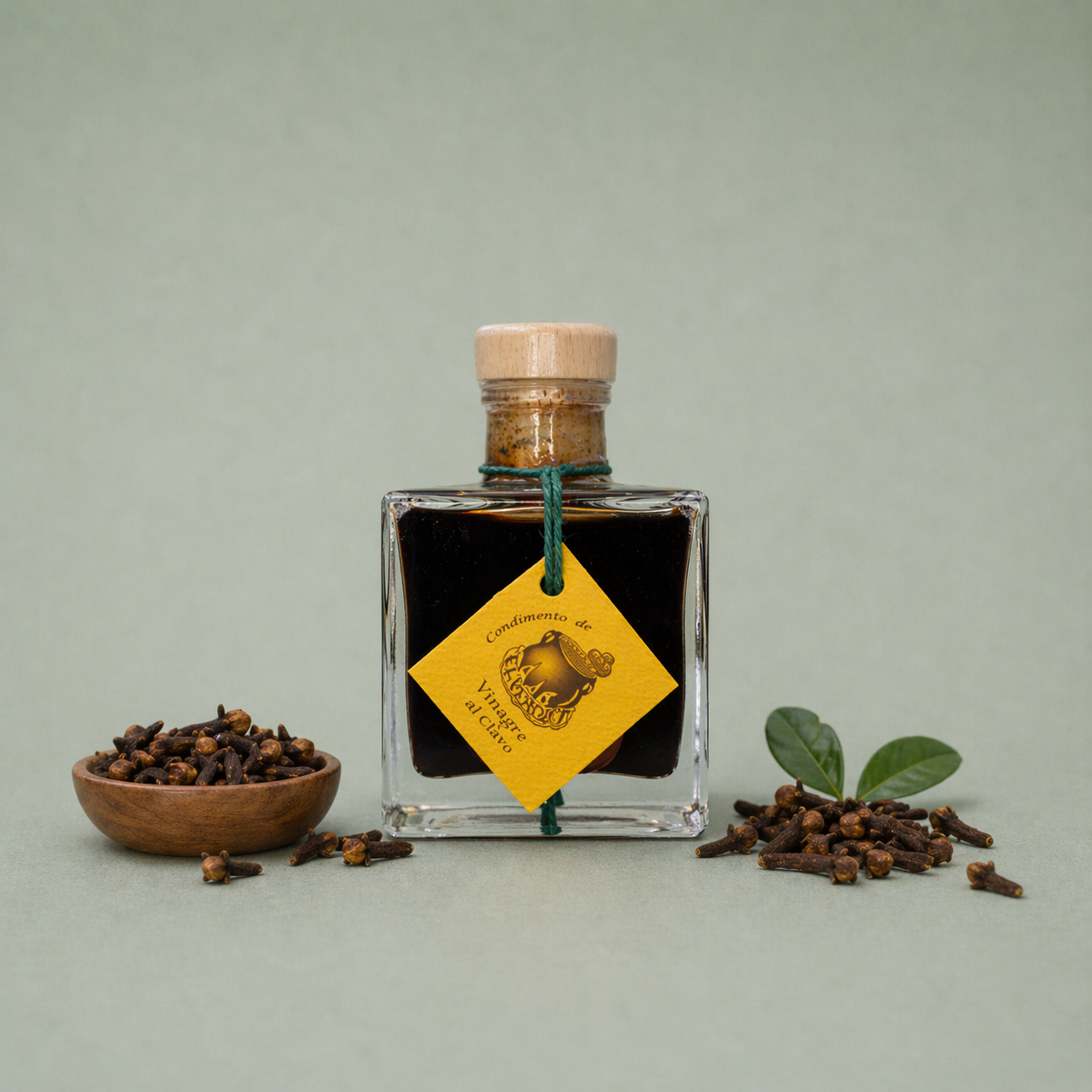 Botella de vinagre de vino al clavo El Perolet 10cl con clavos de especia alrededor.