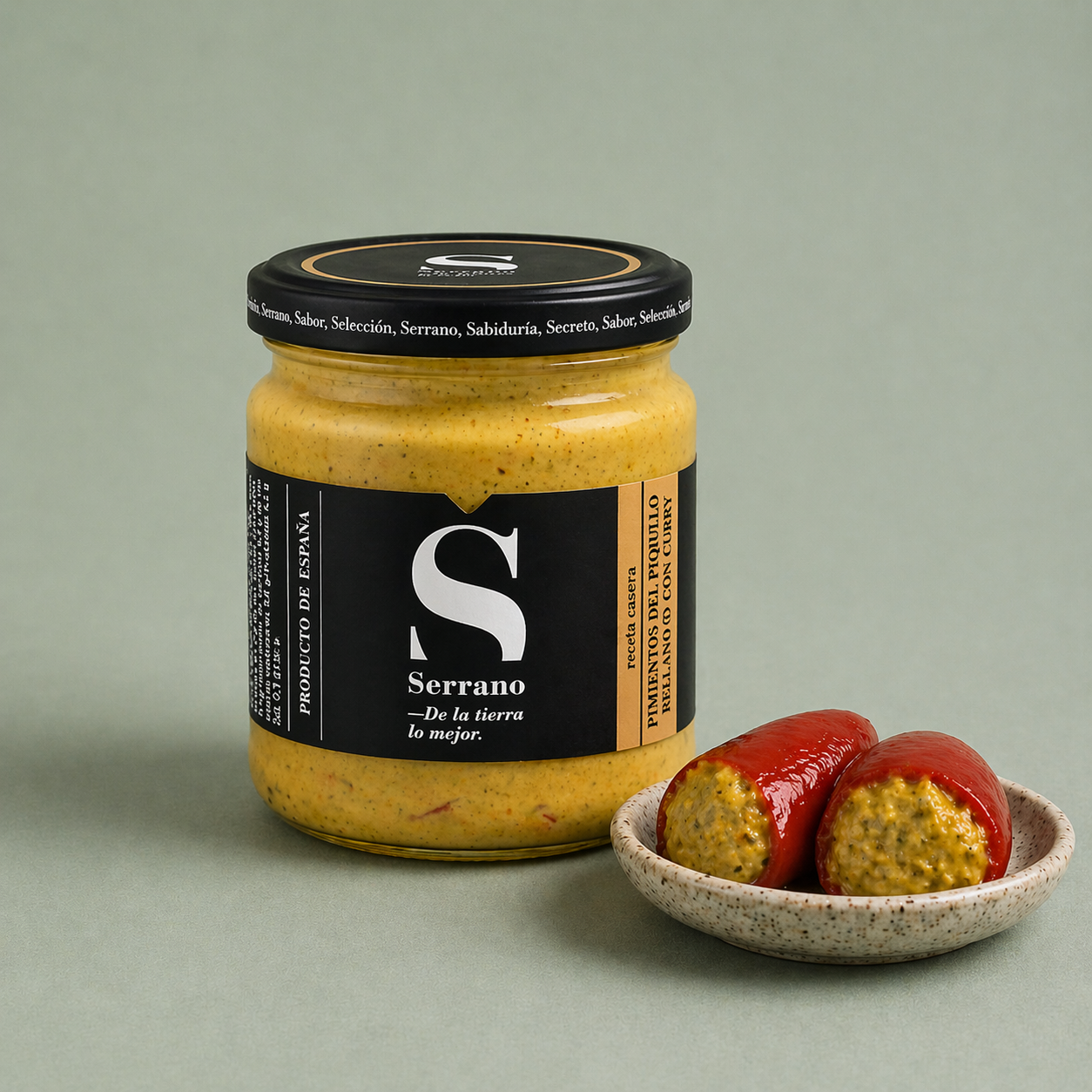 Tarro de pimientos del piquillo rellenos veganos con curry Serrano con pimientos servidos en un plato.