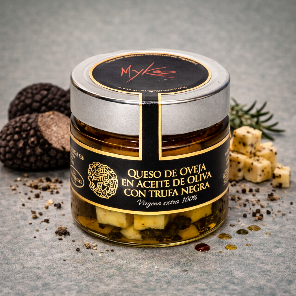 Queso de oveja en aceite de oliva con trufa negra en tarro