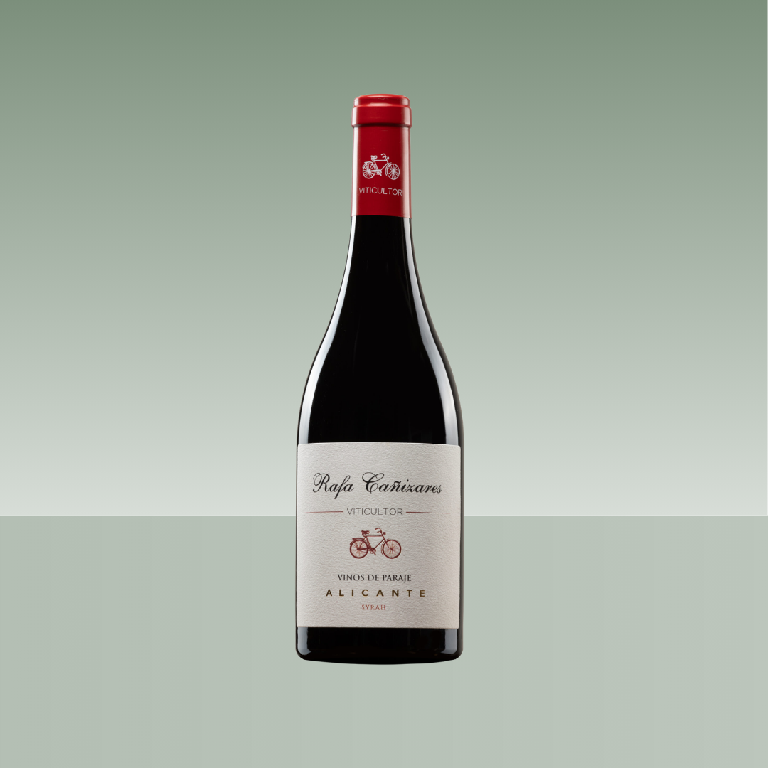 Botella de vino tinto Rafa Cañizares Syrah con cápsula roja y etiqueta blanca con ilustración de una bicicleta roja, sobre fondo verde degradado.