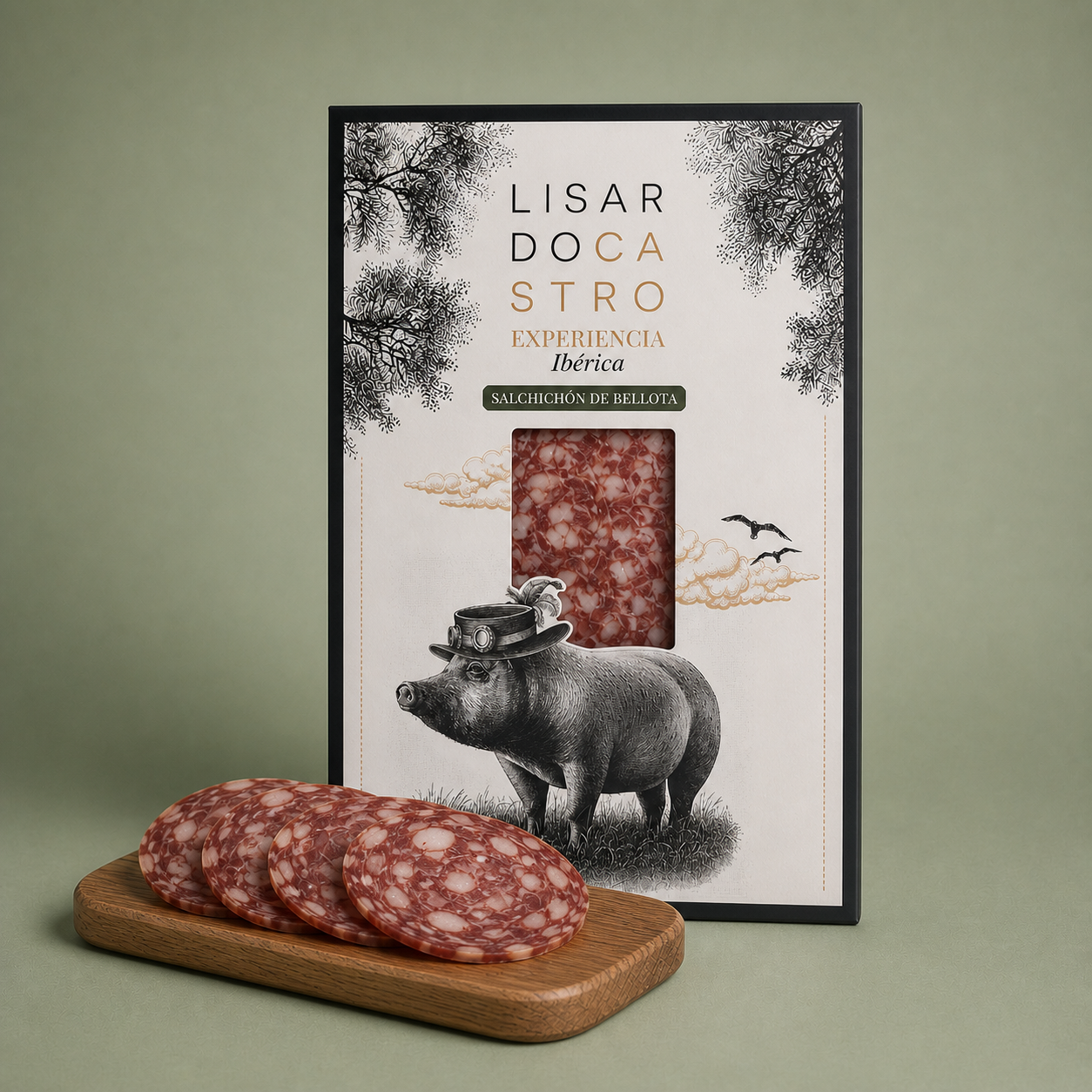 Estuche de salchichón ibérico Lisardo Castro con lonchas presentadas sobre tabla de madera.