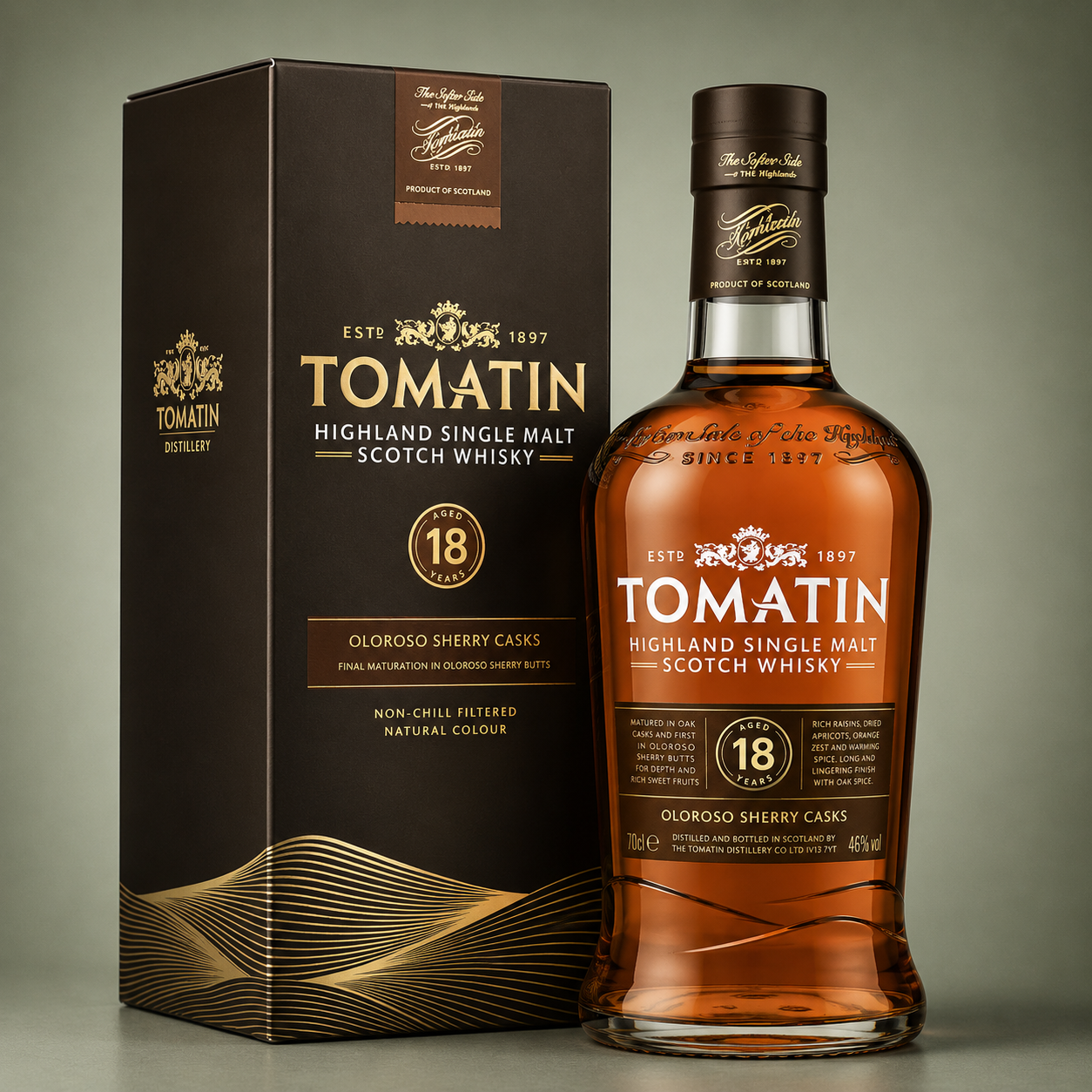 Botella de Tomatin 18 Years Oloroso Sherry Casks Highland Single Malt Scotch Whisky con estuche original.