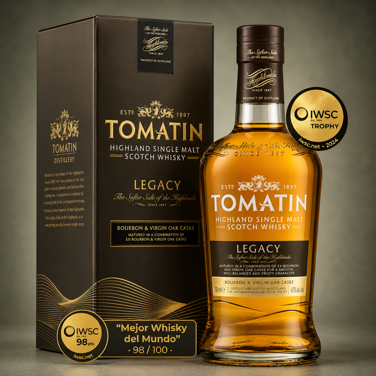 Botella de Tomatin Legacy Highland Single Malt Scotch Whisky con estuche original y distintivos IWSC 98 puntos.