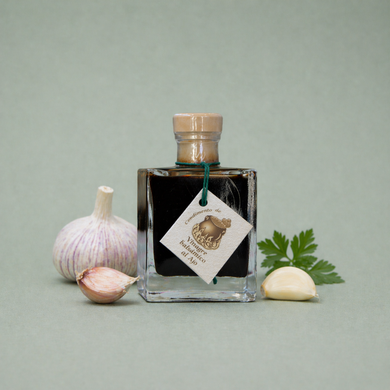 Botella de vinagre balsámico al ajo artesanal acompañada de ajos frescos y hierbas, condimento gourmet intenso.