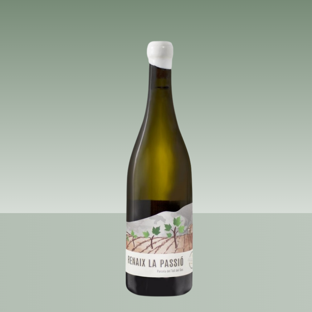 Botella de vino blanco Renaix la Passió con cápsula blanca y etiqueta ilustrada con viñedos, presentada sobre fondo neutro.