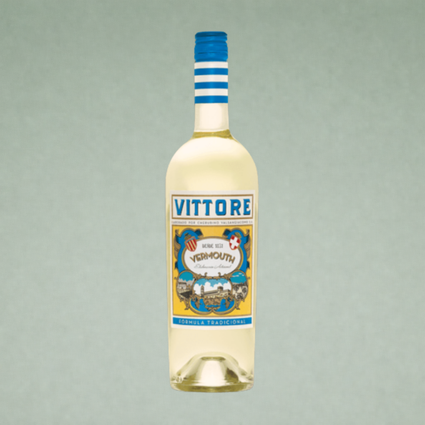 Vittore vermouth blanco botella con etiqueta clásica y colores vivos