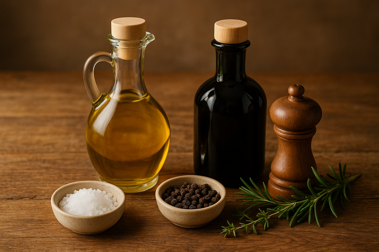 Aceitera y vinagrera de cristal con tapón de madera, junto a molinillo de pimienta, sal gruesa, granos de pimienta y rama de romero sobre mesa de madera.