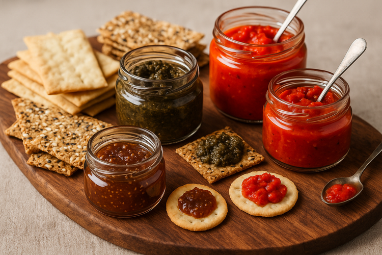 Tabla de madera con tarros de mermeladas y patés, acompañados de galletas saladas y crackers, con untables servidos sobre algunas piezas.