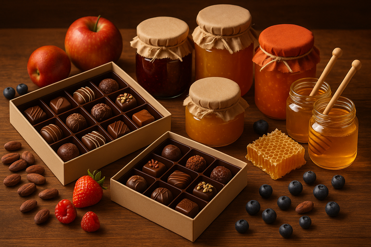 Caja de bombones artesanos junto a tarros de mermeladas y miel, frutas frescas, panal de abeja y frutos secos sobre mesa de madera.